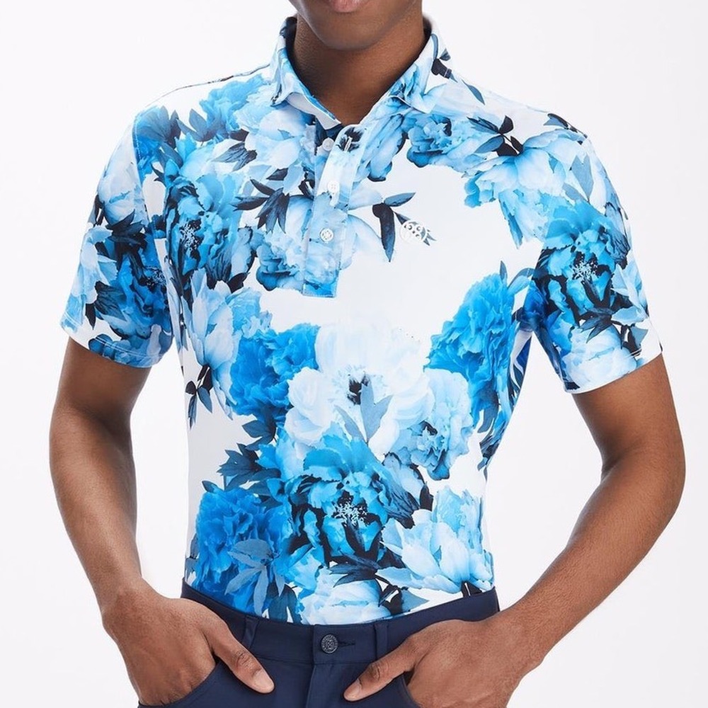 G/FORE Mens Floral Print Golf Polo‎ Shirt Racer Blue White Size M, NWT